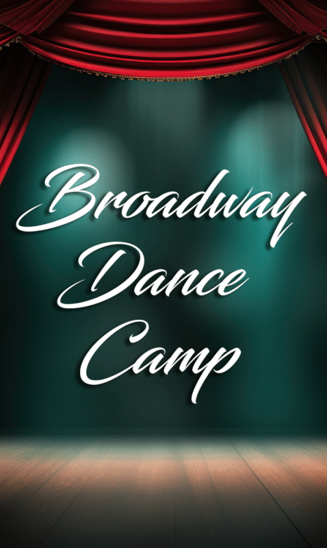 Theater stage backdrop with red curtains and teal lighting, displaying 'Broadway Dance Camp' as an advertisement.