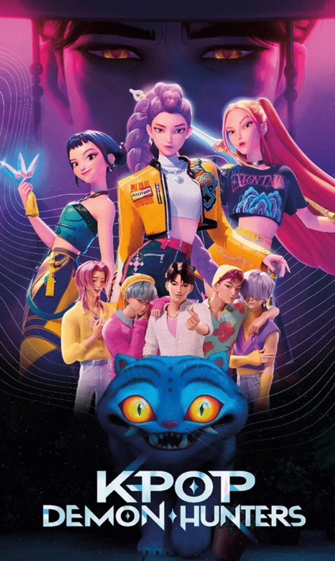 Colorful poster for KPOP Demon Hunters showing a group of stylish young idols posing together with a blue, cat-like creature at the bottom and the game title beneath.