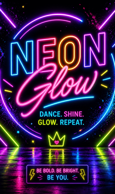 Neon sign poster with the words 'NEON Glow' and the slogan 'DANCE. SHINE. GLOW. REPEAT.' plus a crown icon and neon reflections on a wet floor.